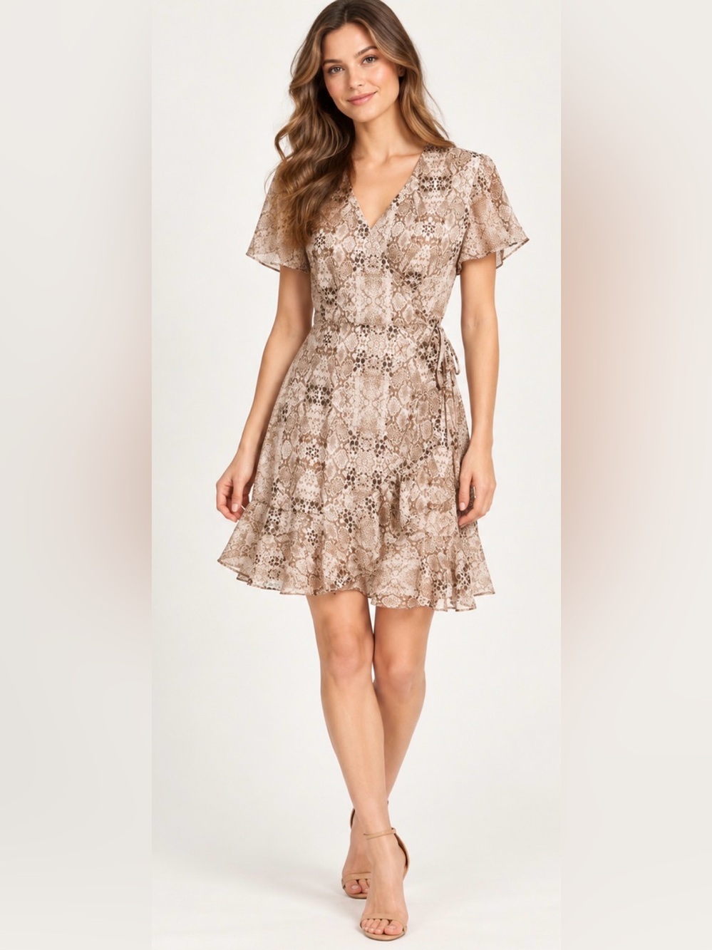 All in Favor Isabella Snake Print Wrap Mini Dress Size Small Ruffle Hem